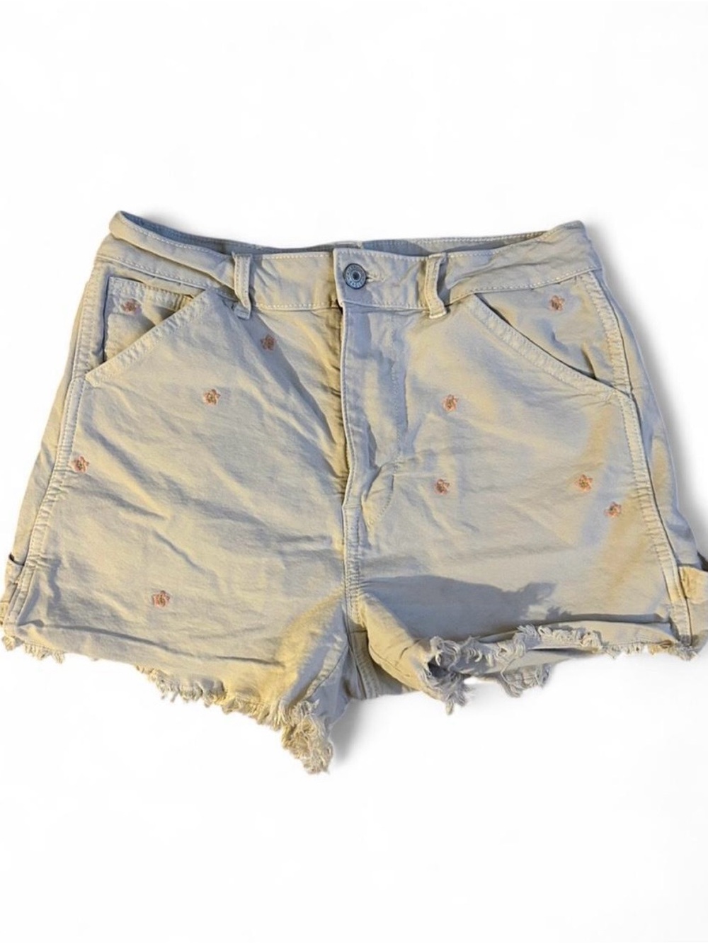 Light Khaki Frayed Hem Shorts with Embroidered Pink Daisies- Sz. 4